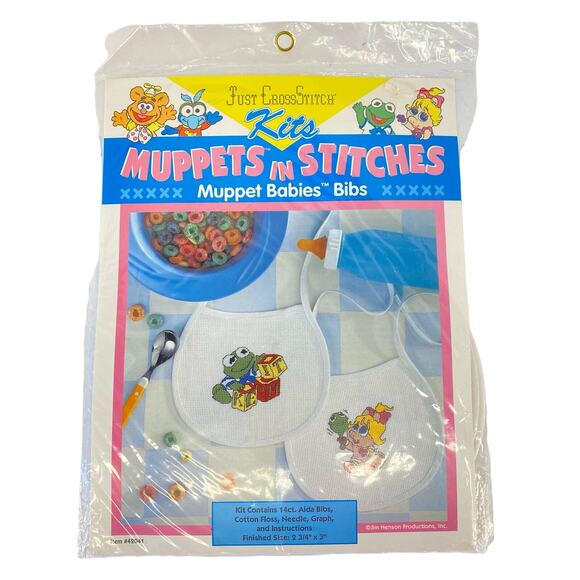 VTG Muppets In Stitches Muppet Babies Cross Stitch Bib Kit New #42041 Baby New - Picture 1 of 8